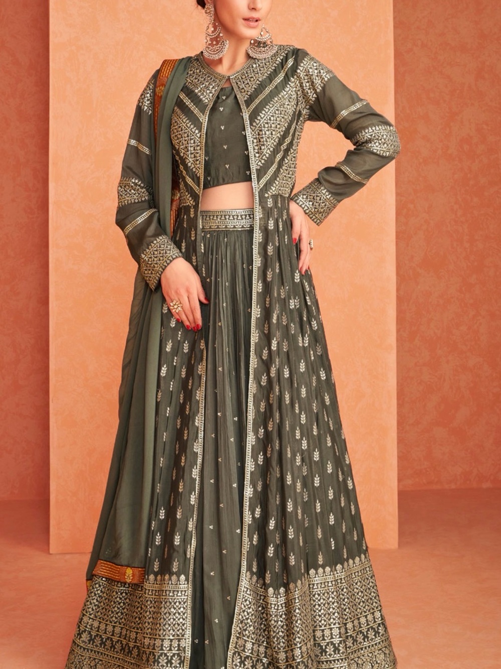 Olive Green Embellished Maxi Skirt